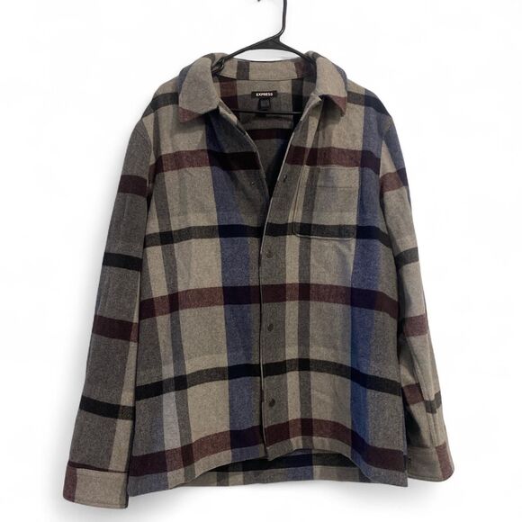 Express Men’s Plaid Flannel Recycled Wool blend button down jacket - Picture 1 of 4